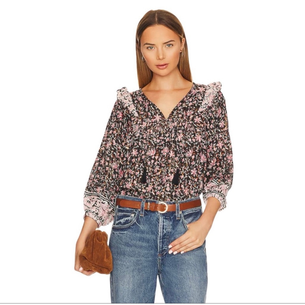 Women's Cleobella Black Pink Floral Ruffle Blouse XS